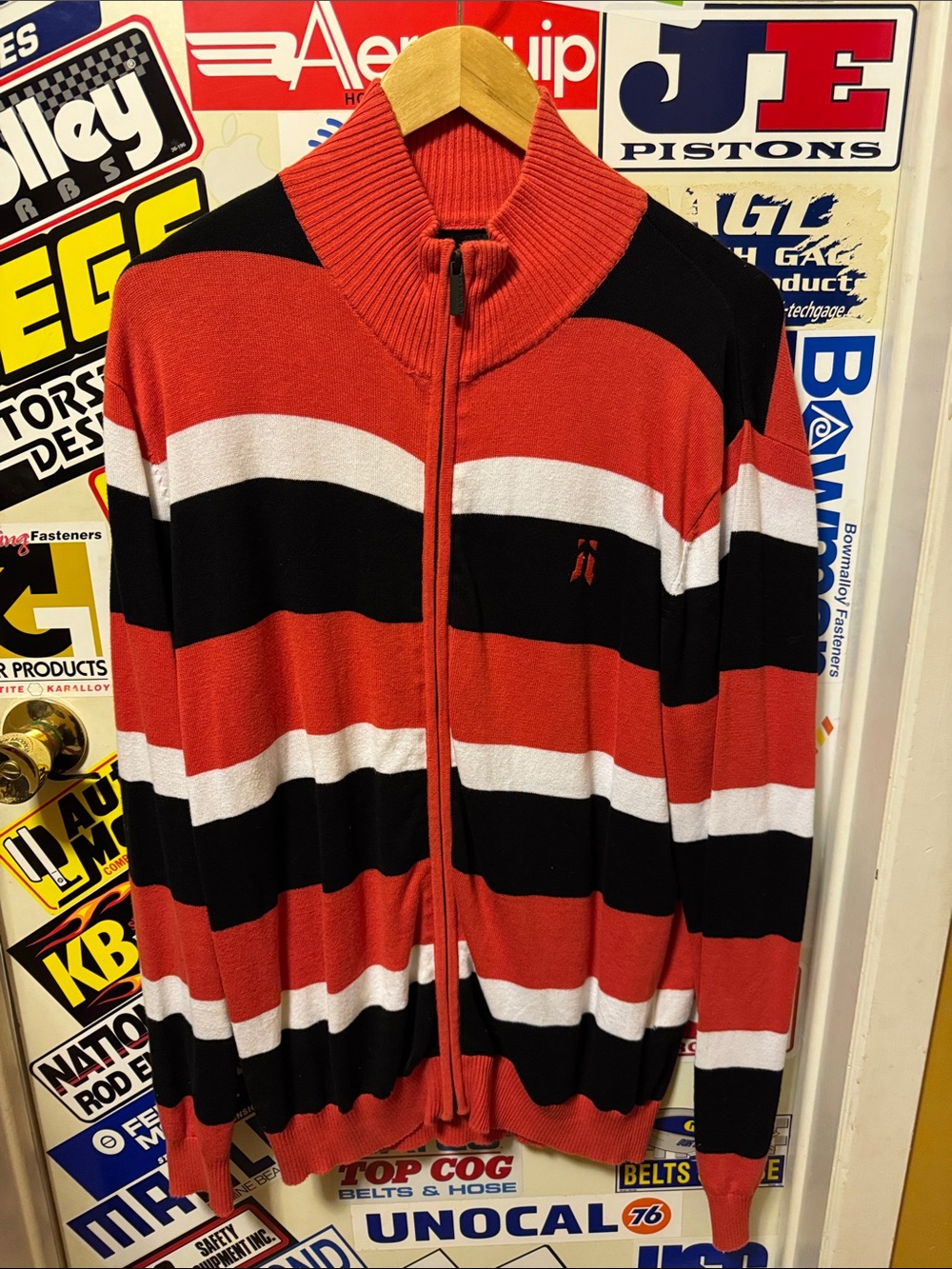 Jack and Jones Red, Black & White Striped Zip-Up Sweater